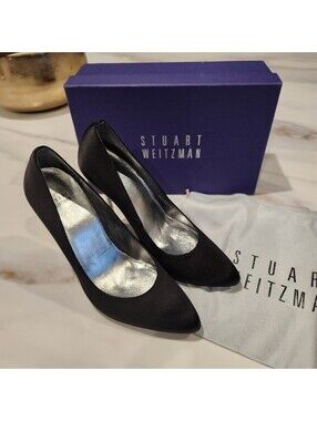 Stuart Weitzman Crystal Heel Black Satin Pumps 10 Box Dust Bag LKNW